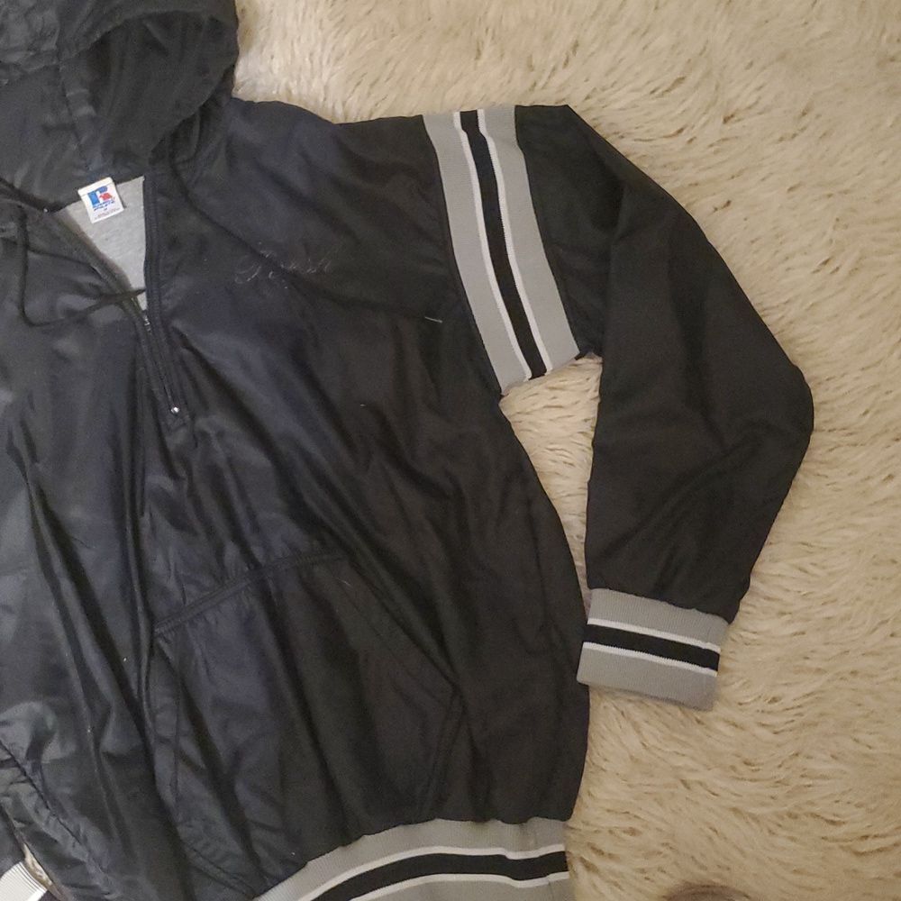 VINTAGE Russell Track Jacket Size Black Windbreaker Hoodie 1/4 Zip Porshe - Picture 3 of 8